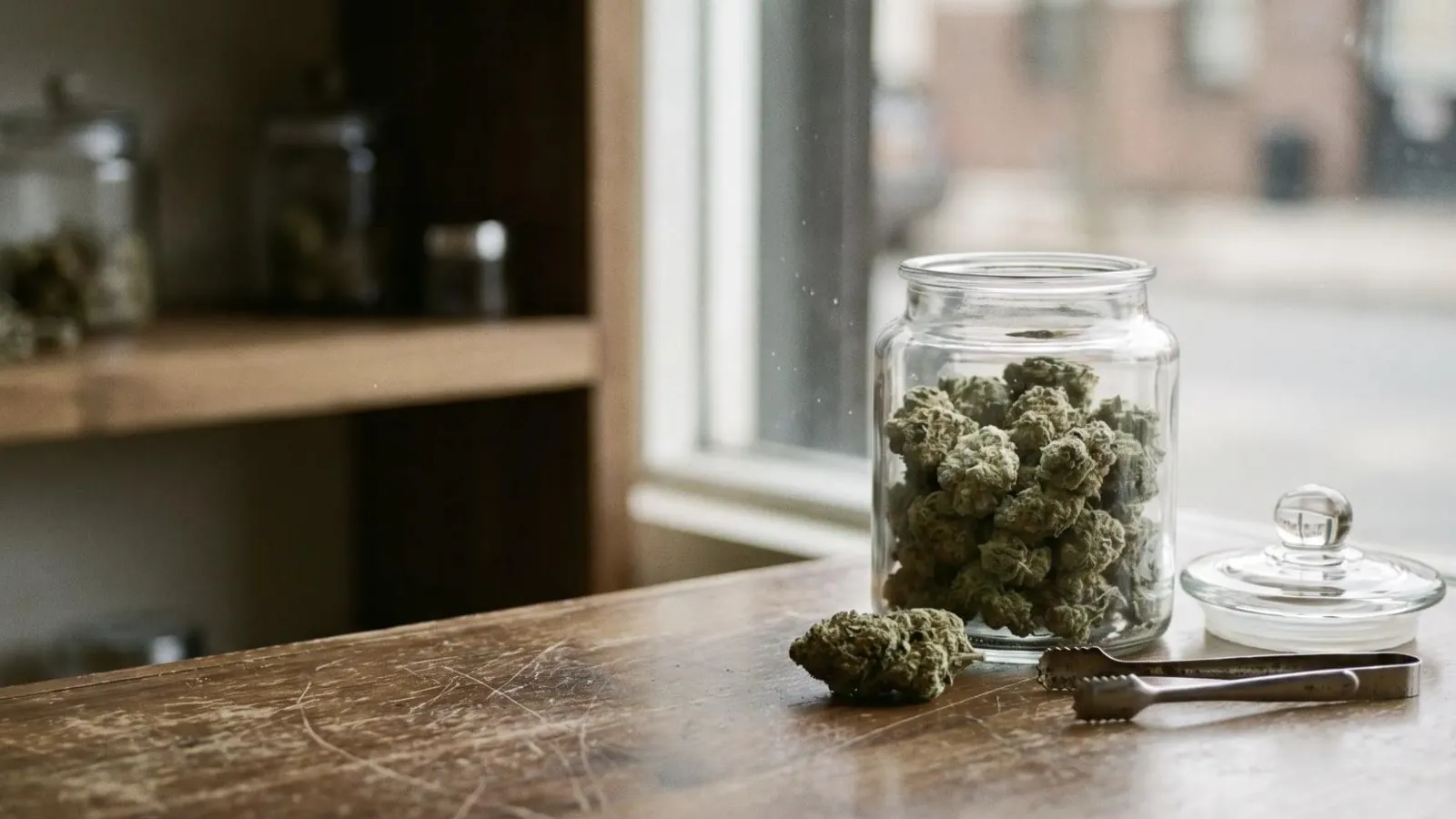 A jar of flower on a wooden counter