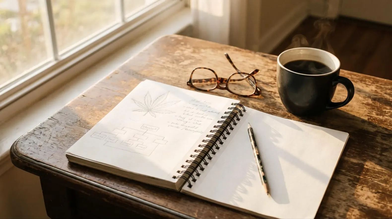 A notebook and coffee on a table by a sunny window