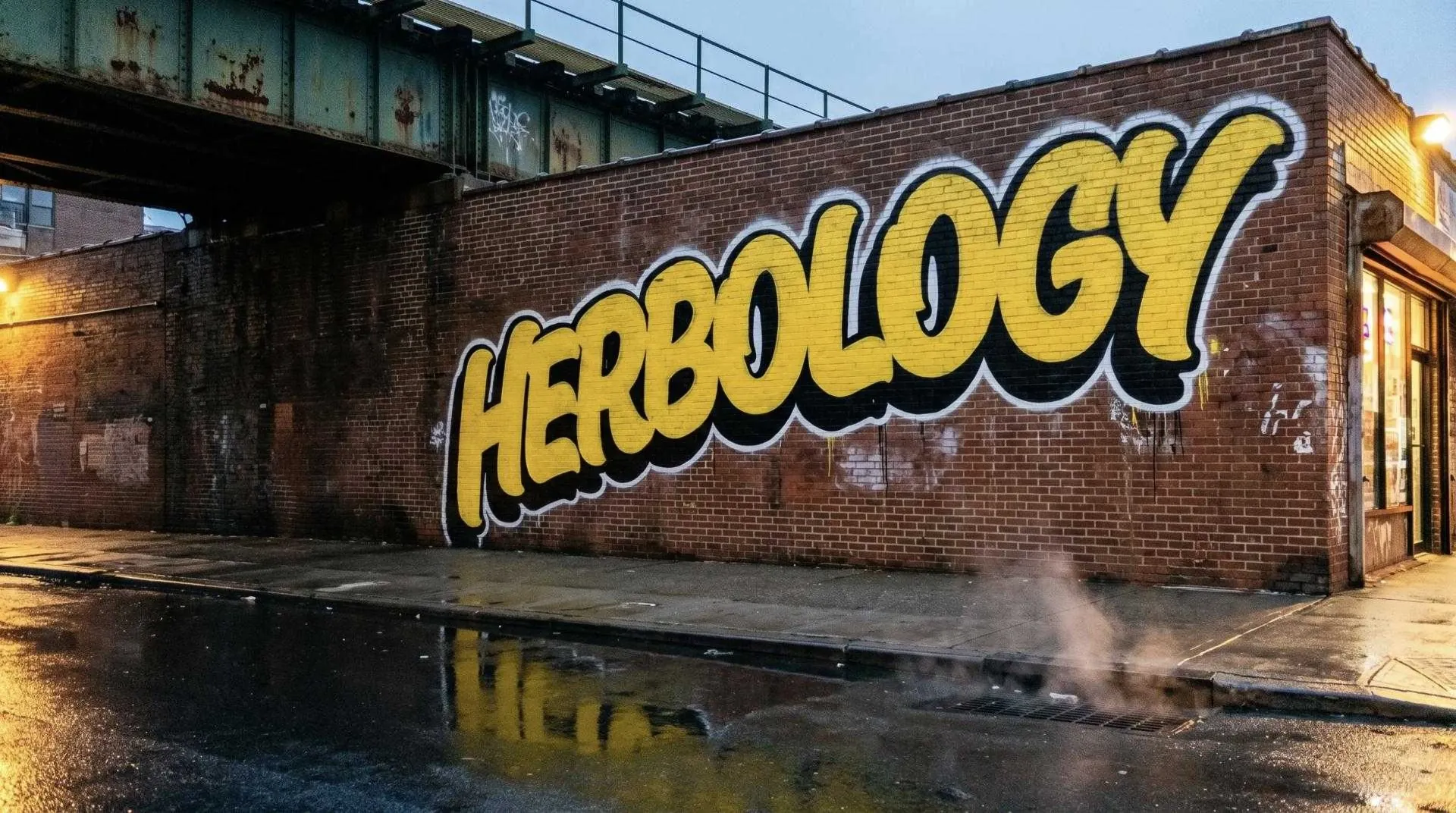 The Herbology wordmark painted on a brick wall under the elevated train at dusk