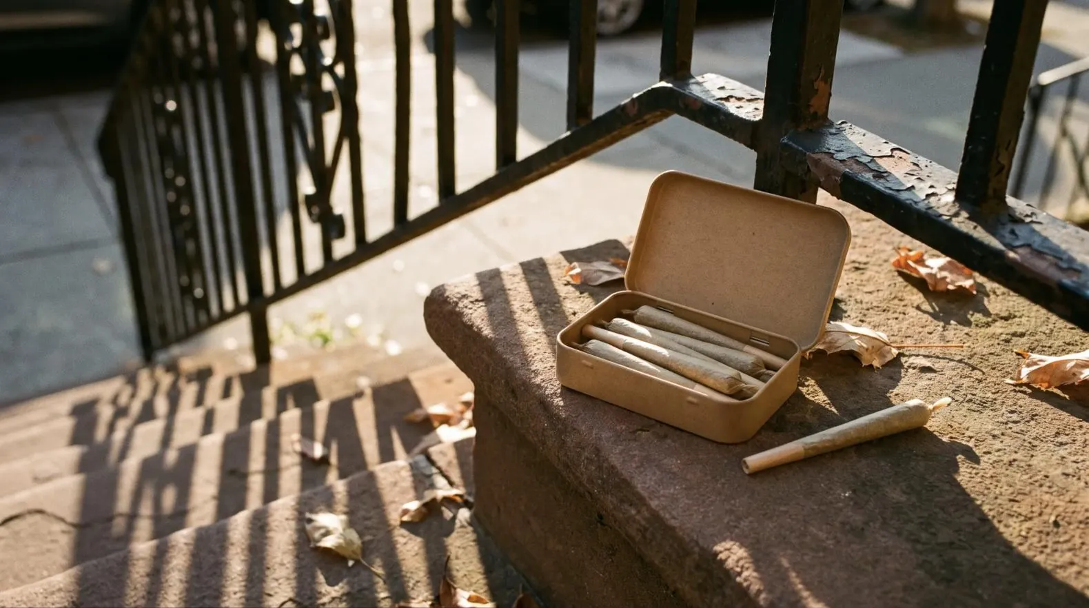 A tin of pre-rolls on a stoop