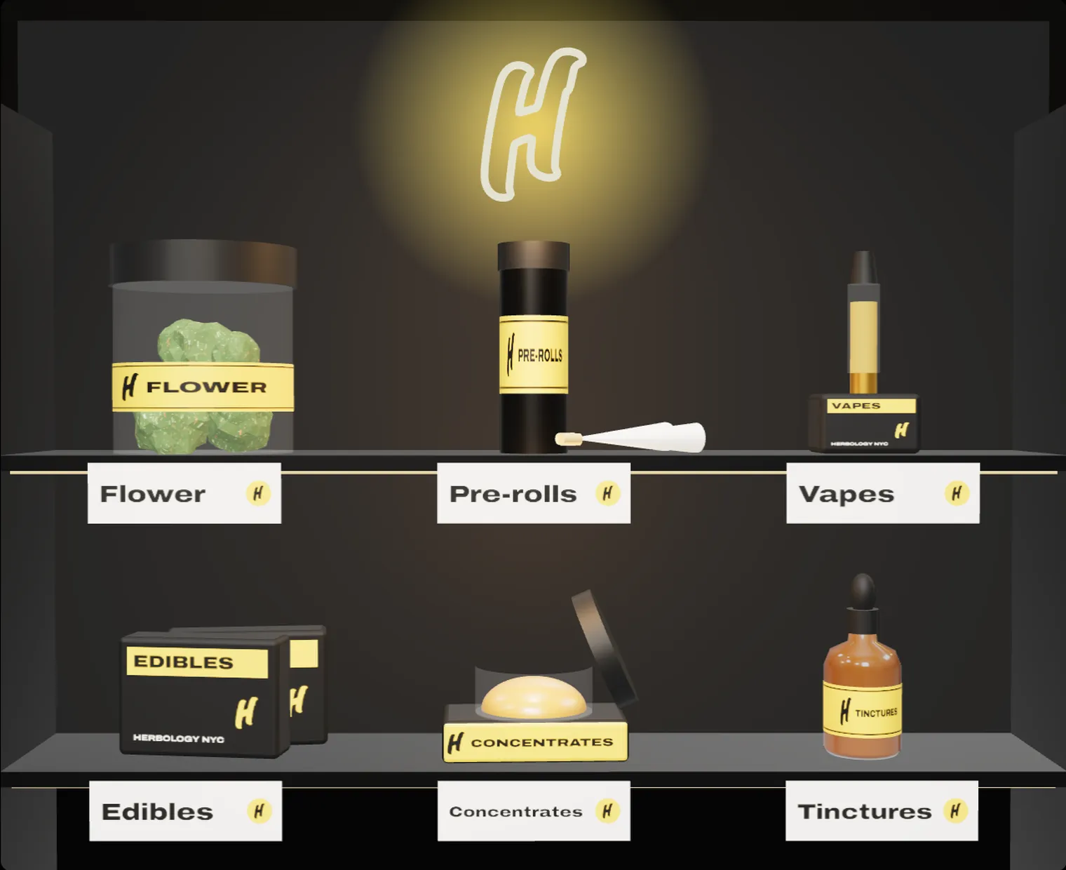 The Herbology display shelf: a jar of flower, pre-rolls, a vape, edibles, concentrates and a tincture