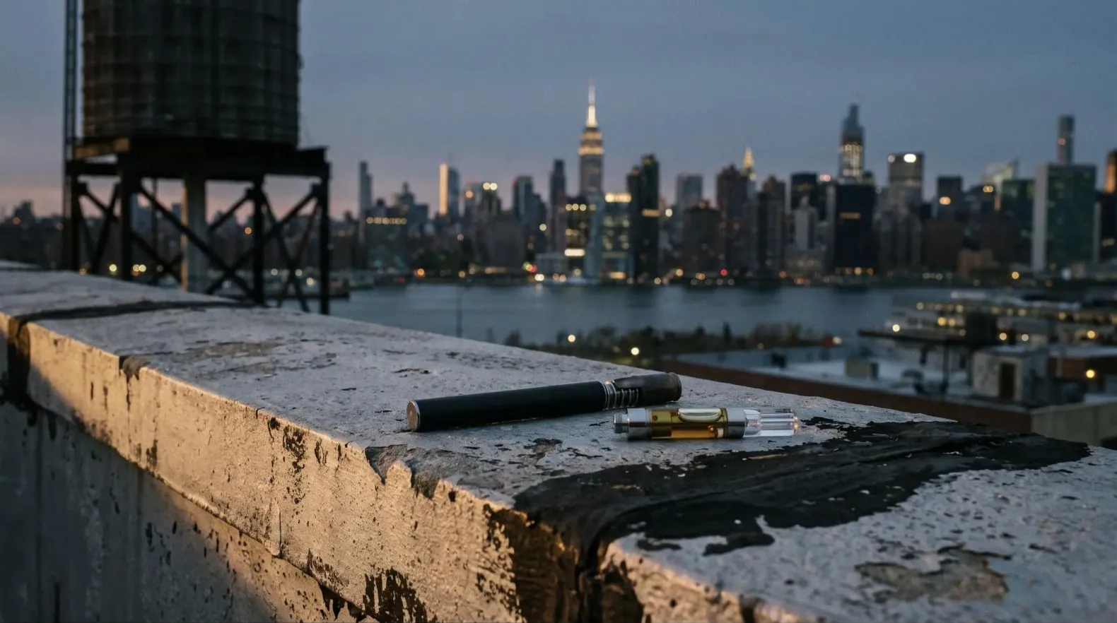 A vape pen on a rooftop ledge